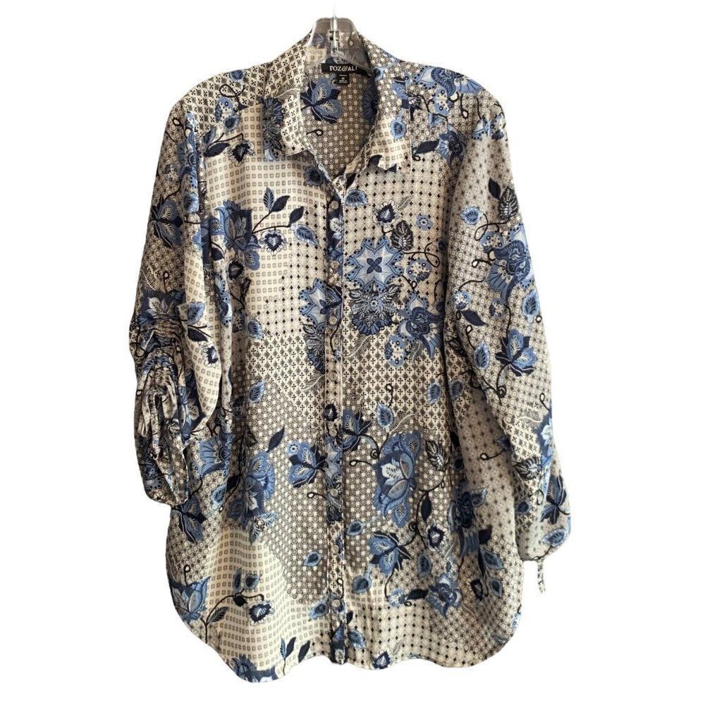 roz&ALI Flower Print Button Down Blouse with Adjustable Sleeves Size 1X